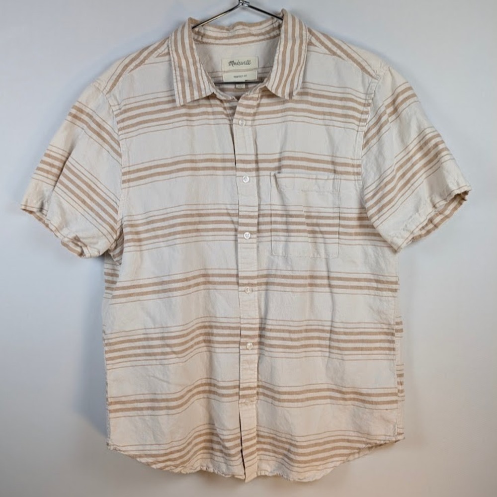 Madewell Perfect Fit Linen Shirt Mens L Beige Stripe Short-Sleeve Button Front